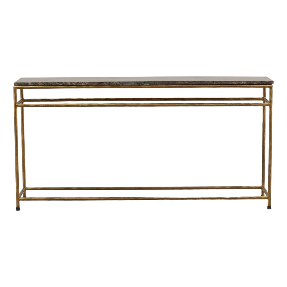 Ansel Marble Console Table, Green and Brown Marble · Antique Brass, front view