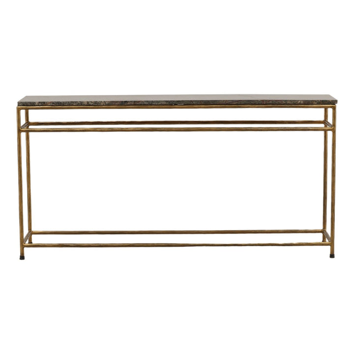 Ansel Marble Console Table, Green and Brown Marble · Antique Brass, front view