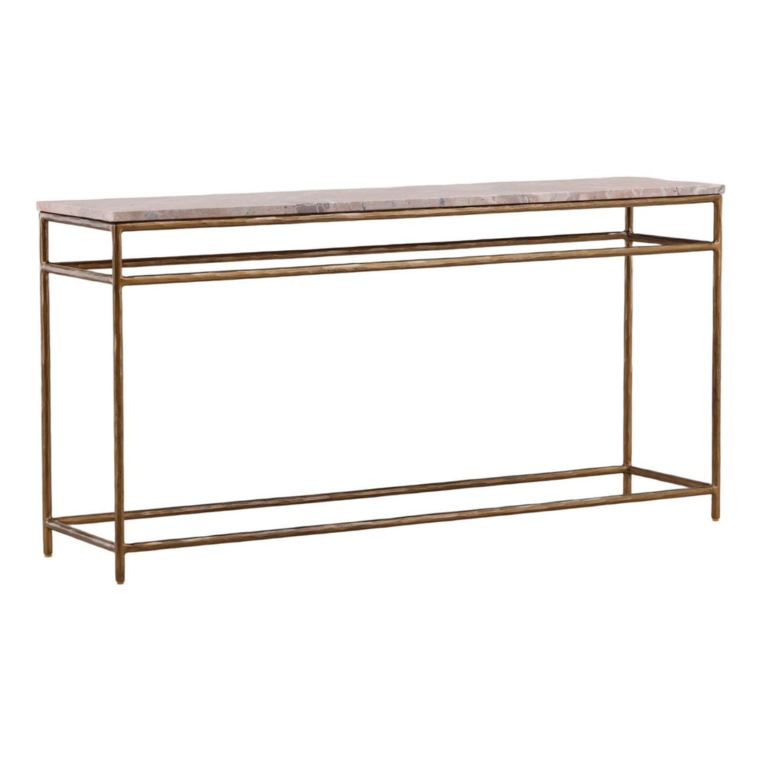 Ansel Marble Console Table, Orange Marble · Antique Brass, three-quarter studio view