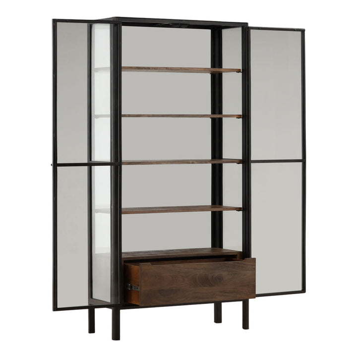 Ashby Glass and Wood Storage Cabinet, open door view