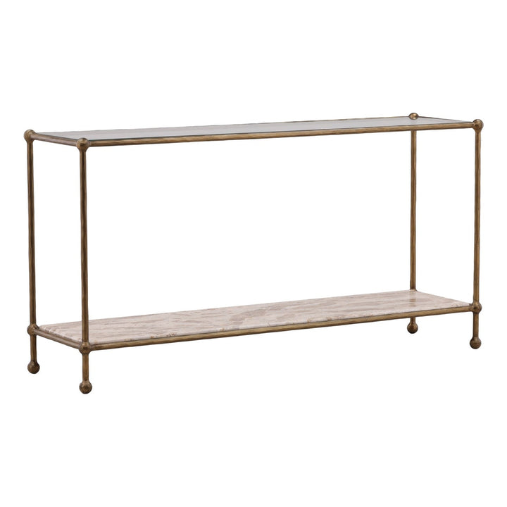 Vera Marble and Glass Console Table, three-quarter studio view