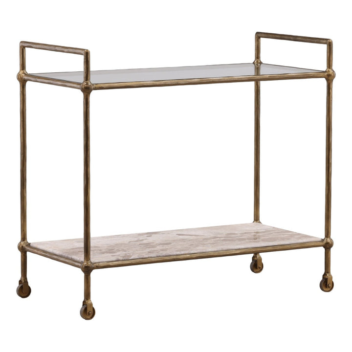 Vertelle Marble Glass Bar Cart, three-quarter studio view