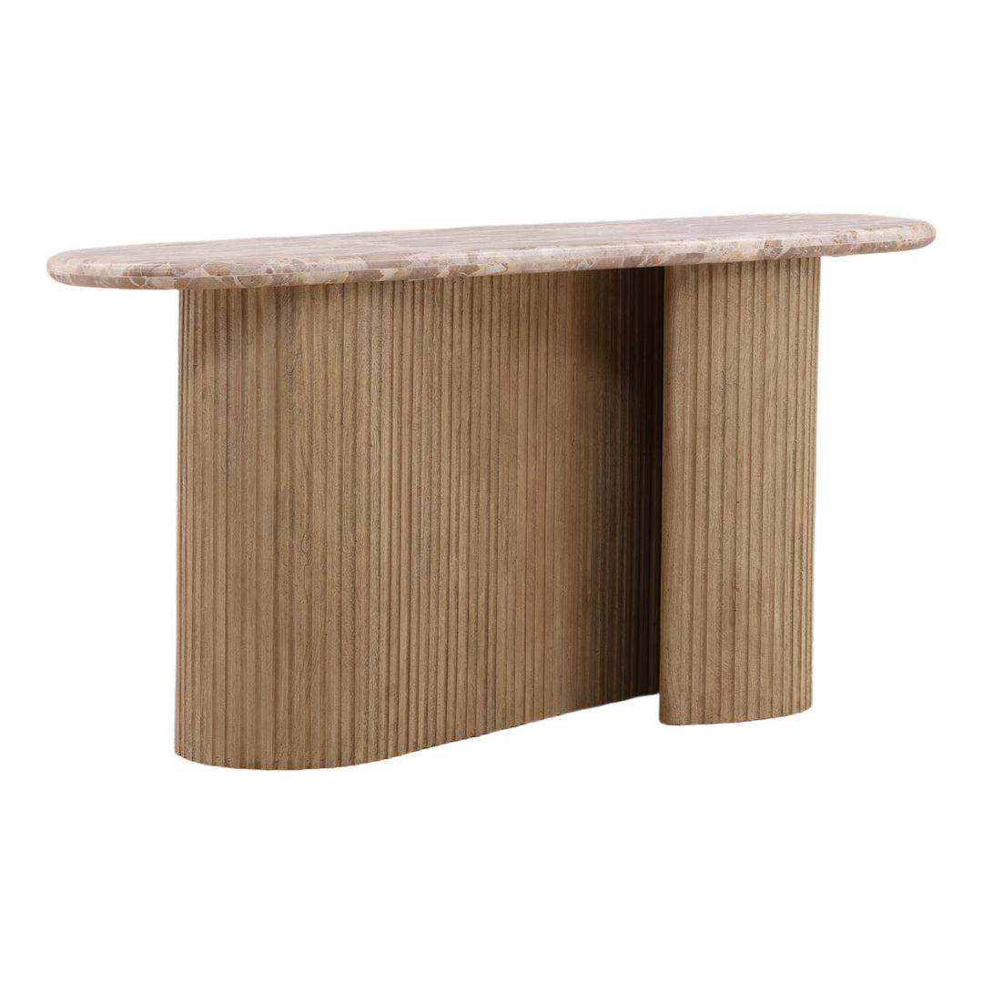 Barton Marble and Wood Console Table, three-quarter studio view