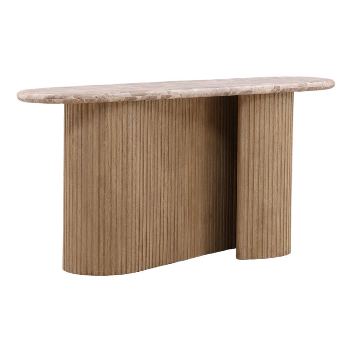 Barton Marble and Wood Console Table, three-quarter studio view