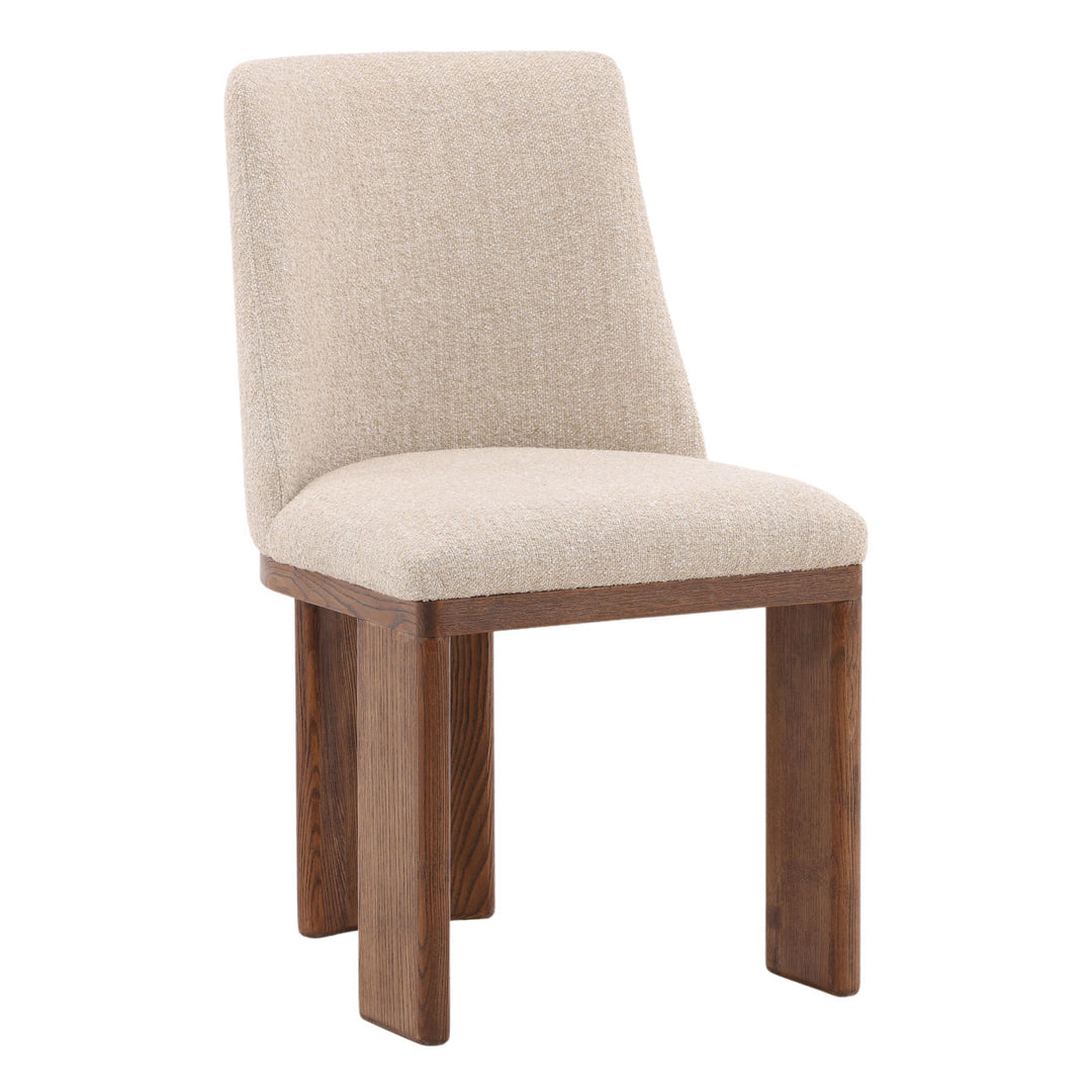 Aster Upholstered Ash Dining Chair, Sand Boucle and Brown, three-quarter studio view