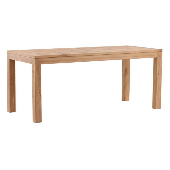 Alton Natural Teak Outdoor Dining Table, three-quarter studio view