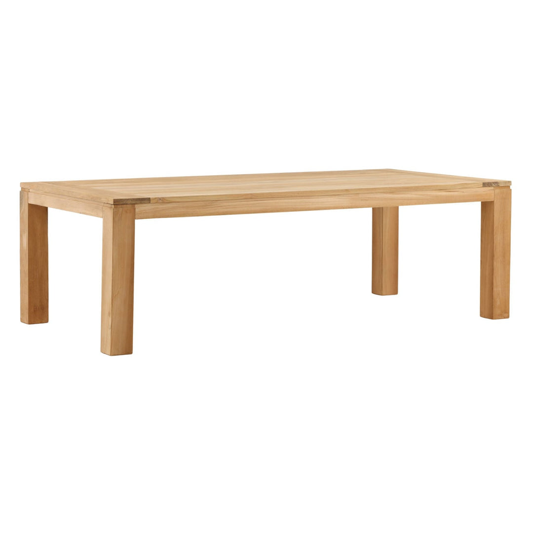 Boswell Natural Teak Outdoor Dining Table, three-quarter studio view