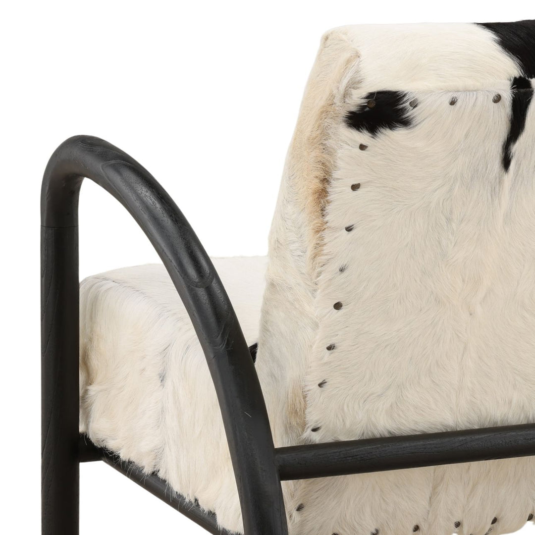 Charlen Goat Hide and Teak Lounge Chair, Black, detail 1 view