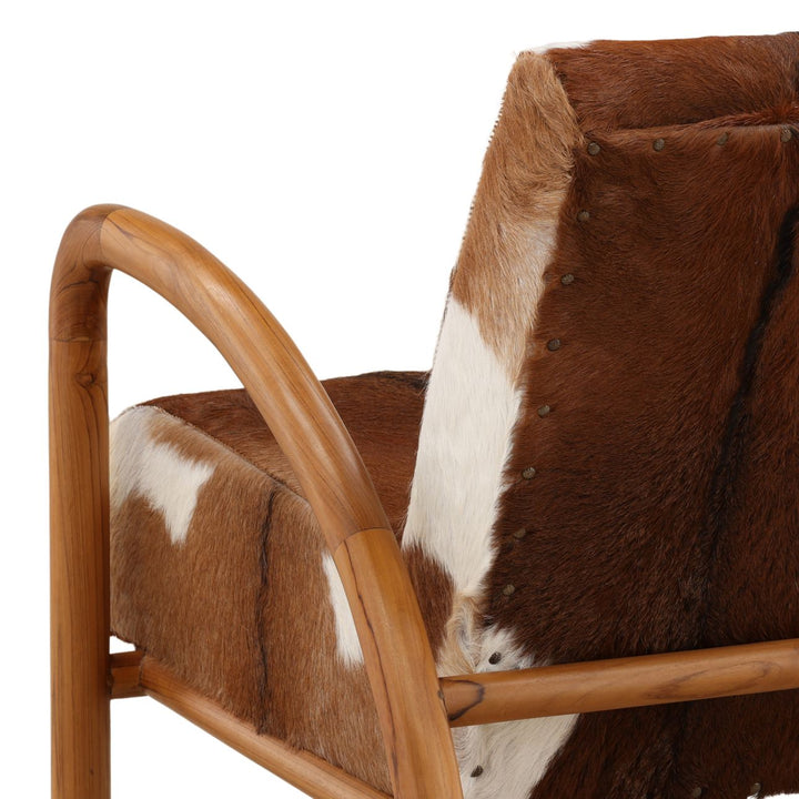 Charlen Goat Hide and Teak Lounge Chair, Brown, detail 2 view