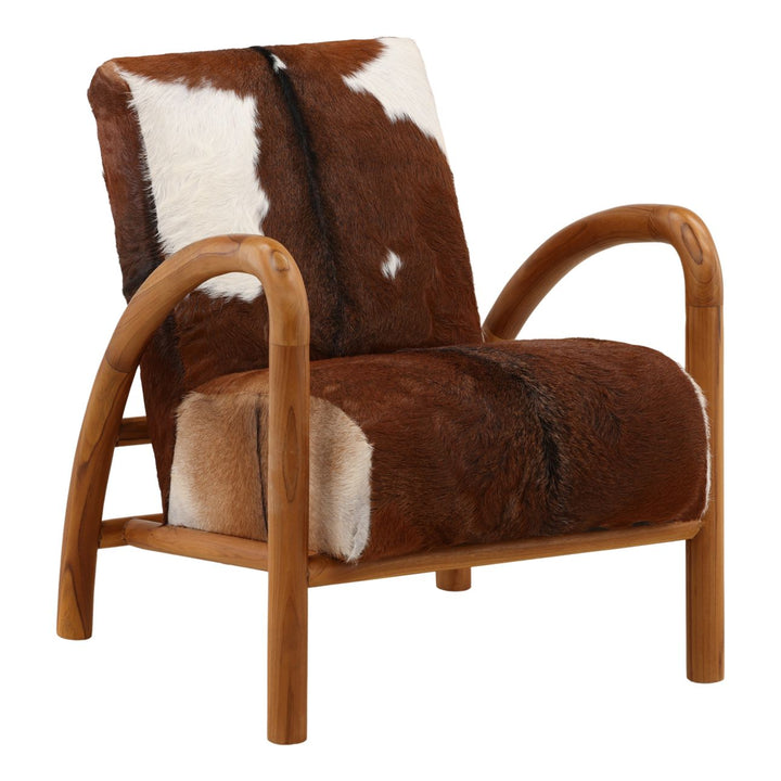Charlen Goat Hide and Teak Lounge Chair, Brown, three-quarter studio view