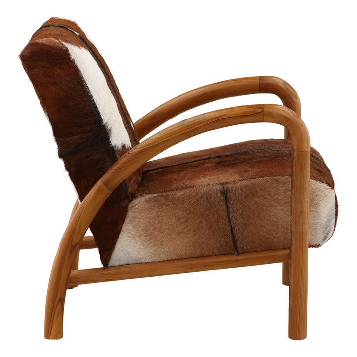 Charlen Goat Hide and Teak Lounge Chair, Brown, profile view
