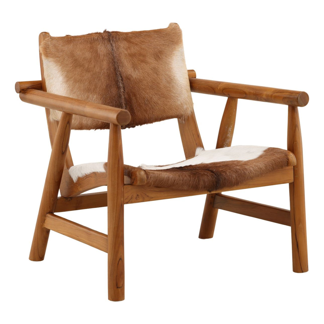 Dunwell Goat Hide and Teak Lounge Chair, three-quarter studio view