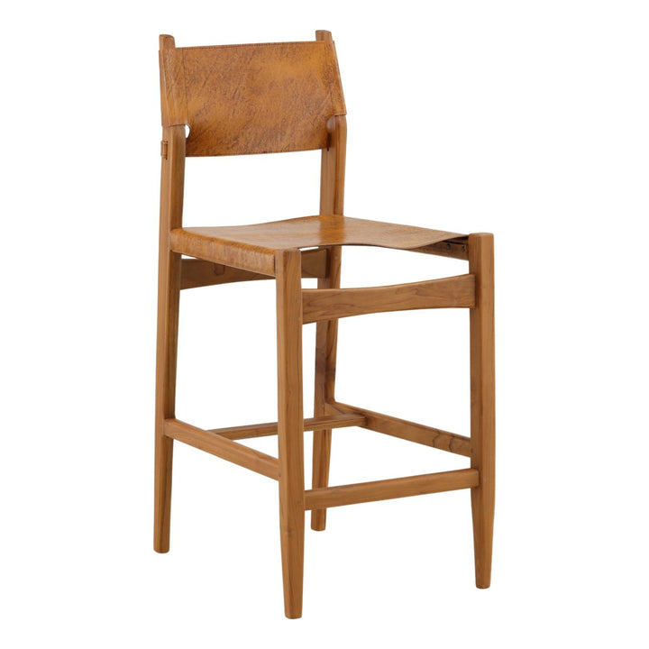 Rossen Leather Teak Counter Stool, three-quarter studio view