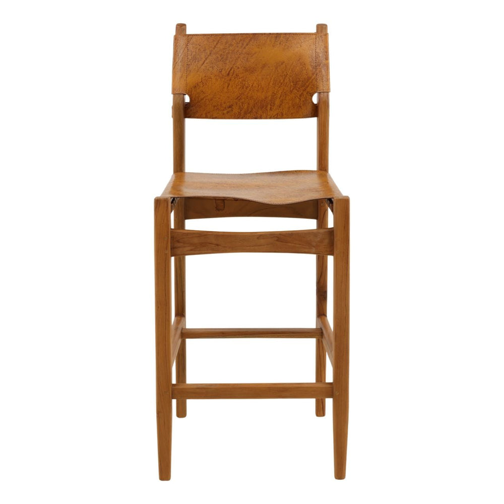 Rossen Leather Teak Counter Stool, front view