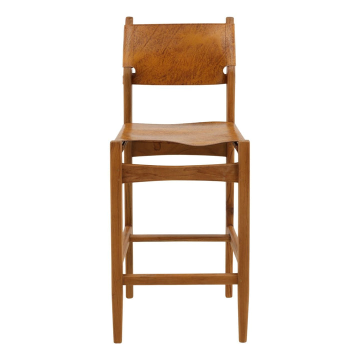 Rossen Leather Teak Counter Stool, front view
