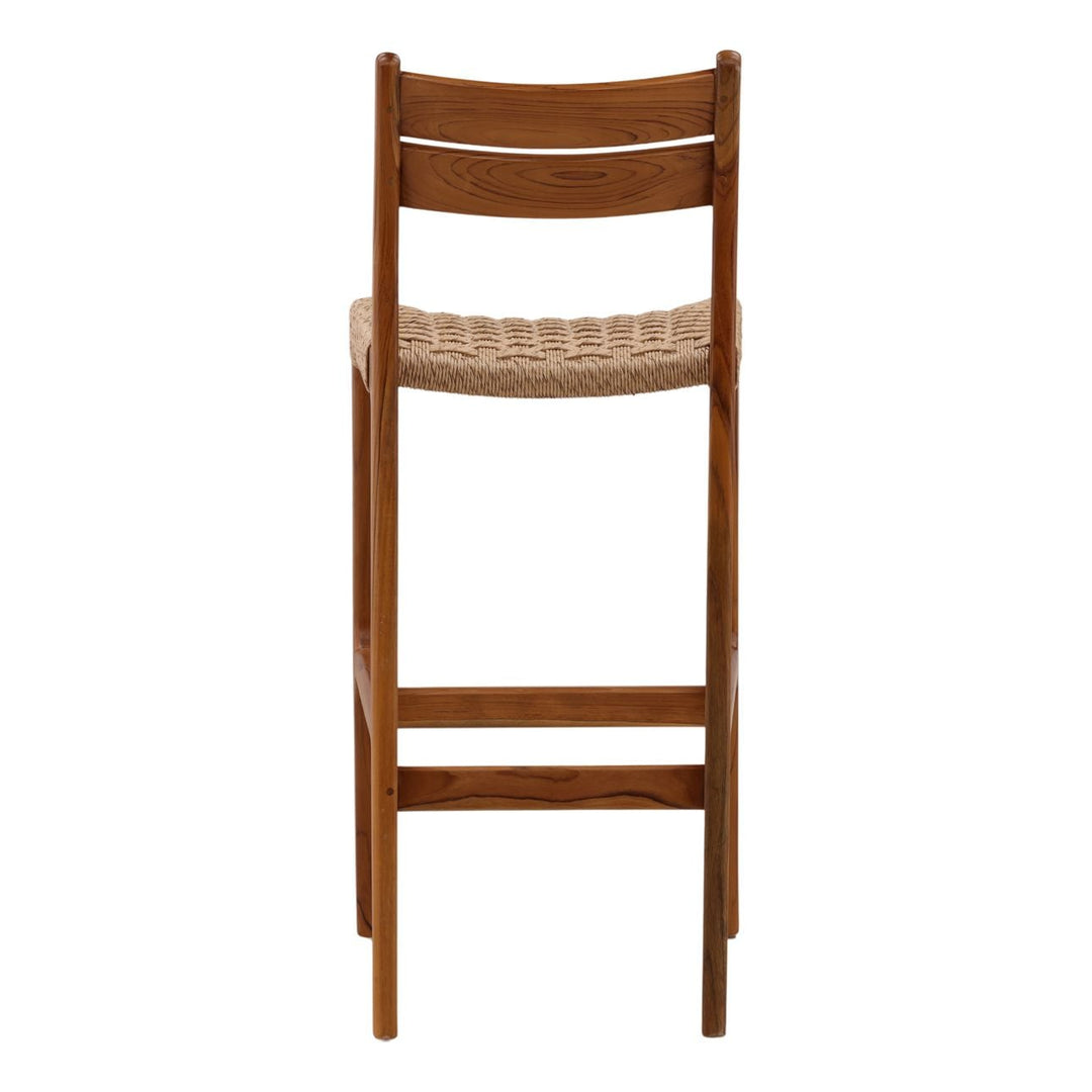Conlen Woven Teak Outdoor Bar Stool, back view