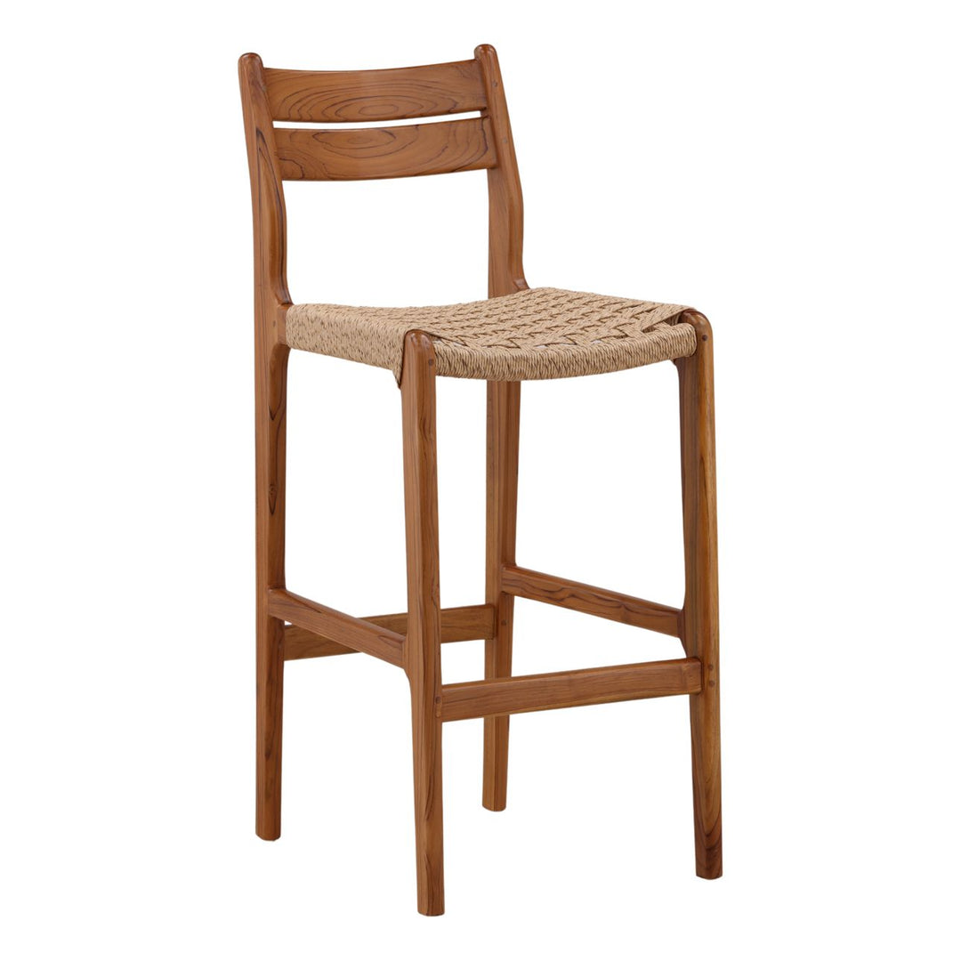 Conlen Woven Teak Outdoor Bar Stool, three-quarter studio view