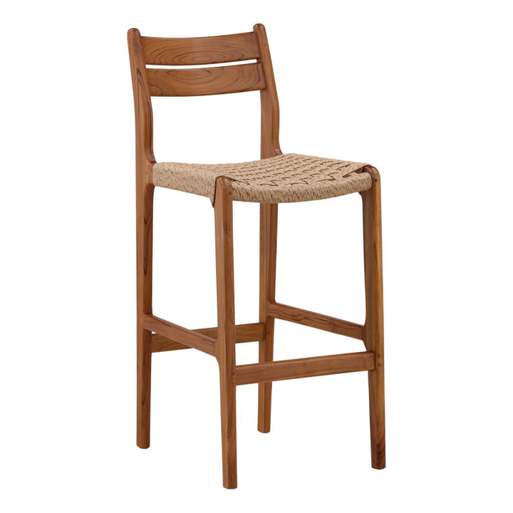 Conlen Woven Teak Outdoor Bar Stool, three-quarter studio view