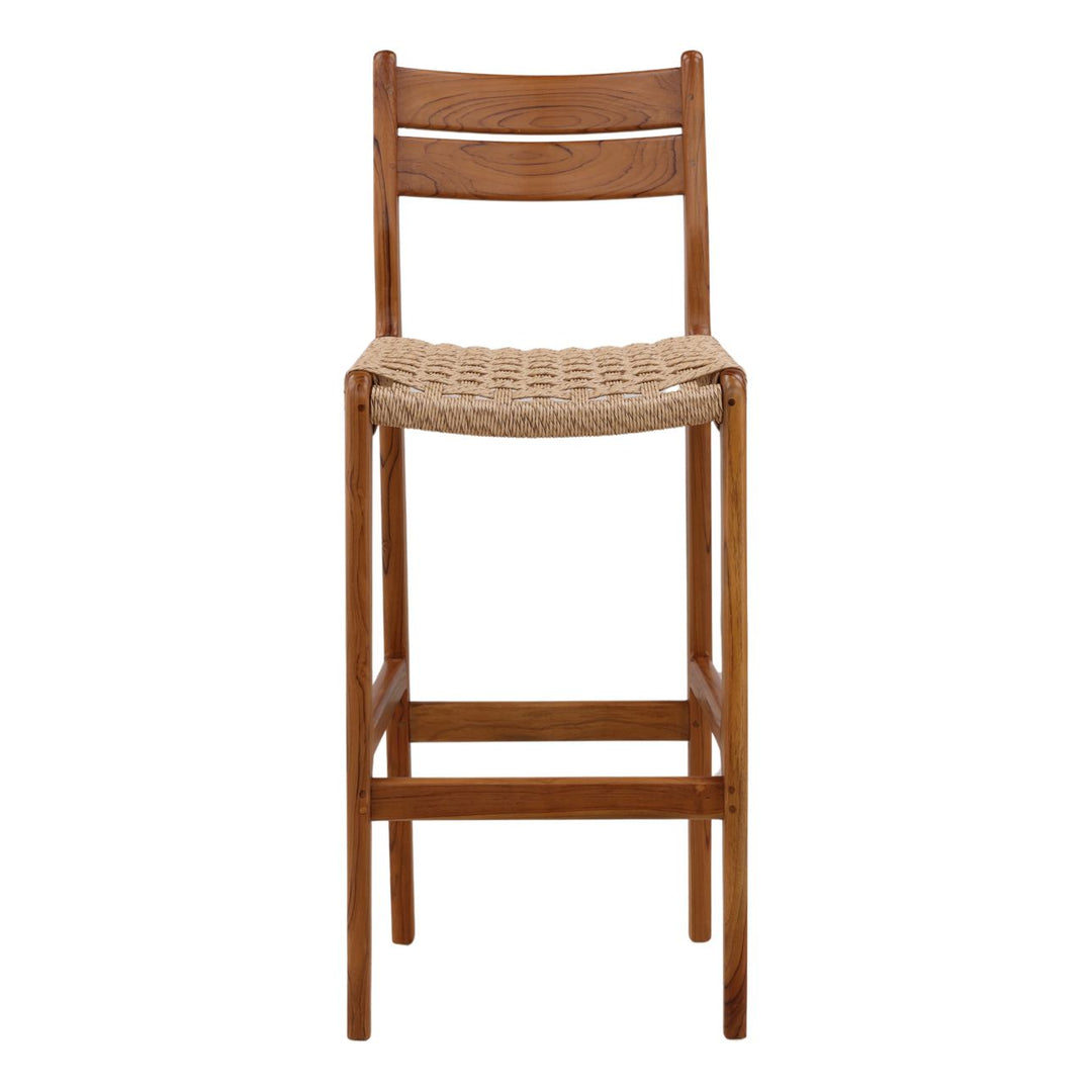 Conlen Woven Teak Outdoor Bar Stool, front view