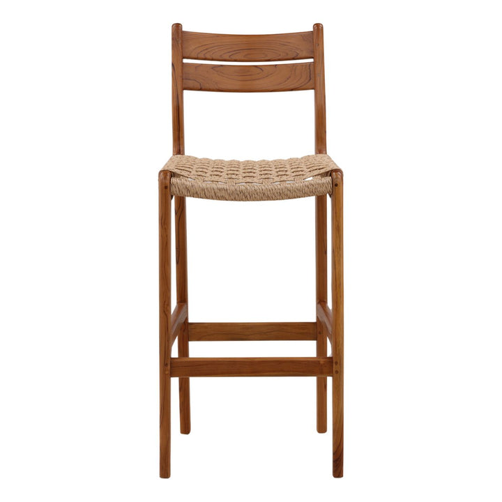 Conlen Woven Teak Outdoor Bar Stool, front view