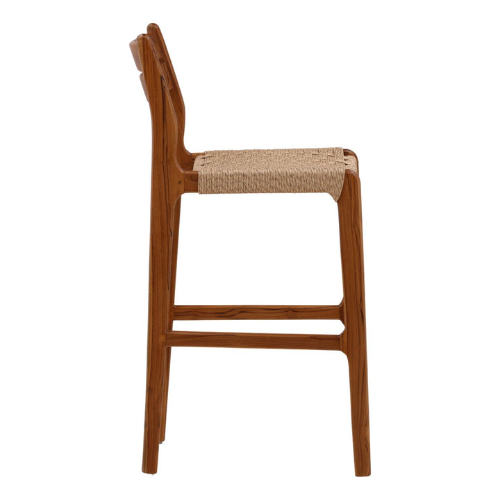 Conlen Woven Teak Outdoor Bar Stool, profile view