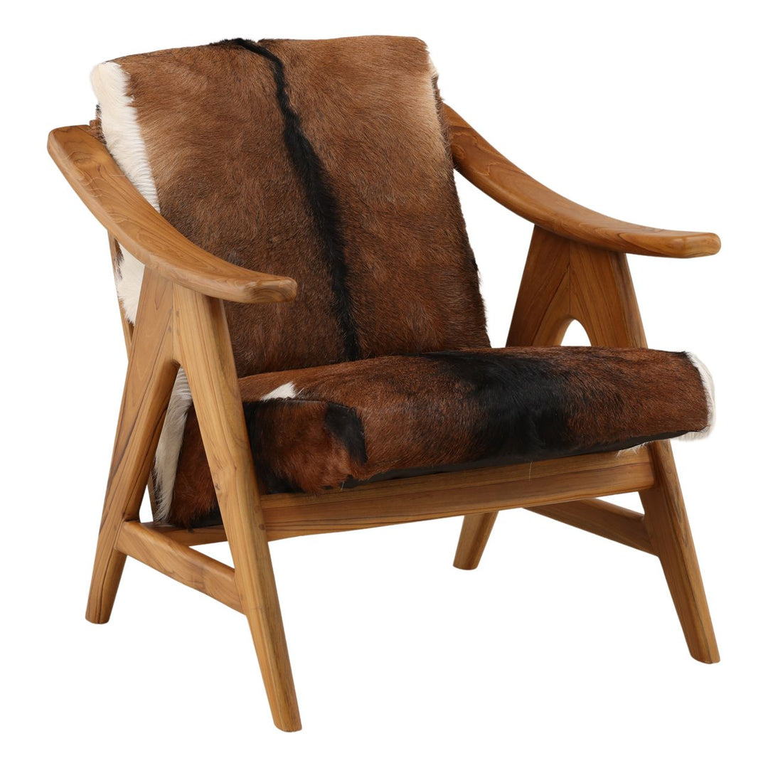 Norwell Goat Hide Teak Lounge Chair, three-quarter studio view