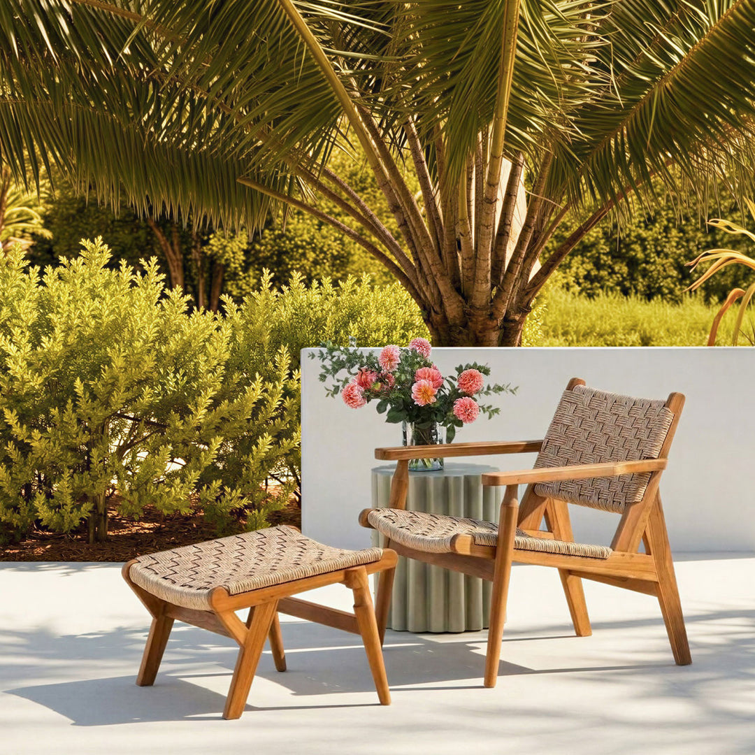 Parren Woven Teak Outdoor Ottoman, lifestyle view