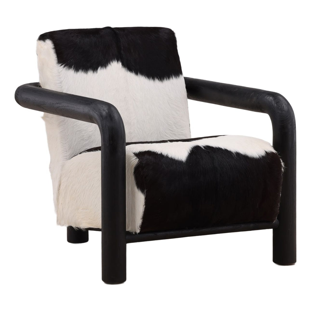 Elenna Hide and Teak Lounge Chair, Black, three-quarter studio view