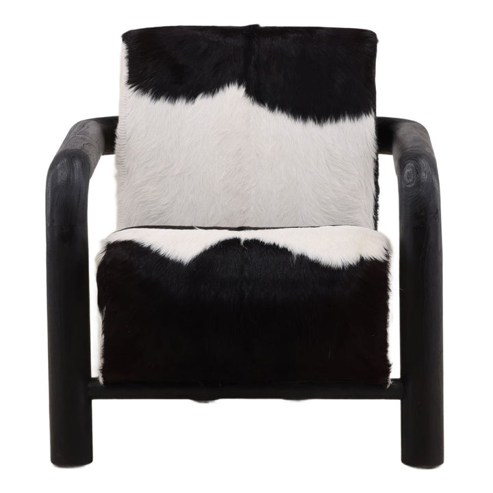 Elenna Hide and Teak Lounge Chair, Black, front view