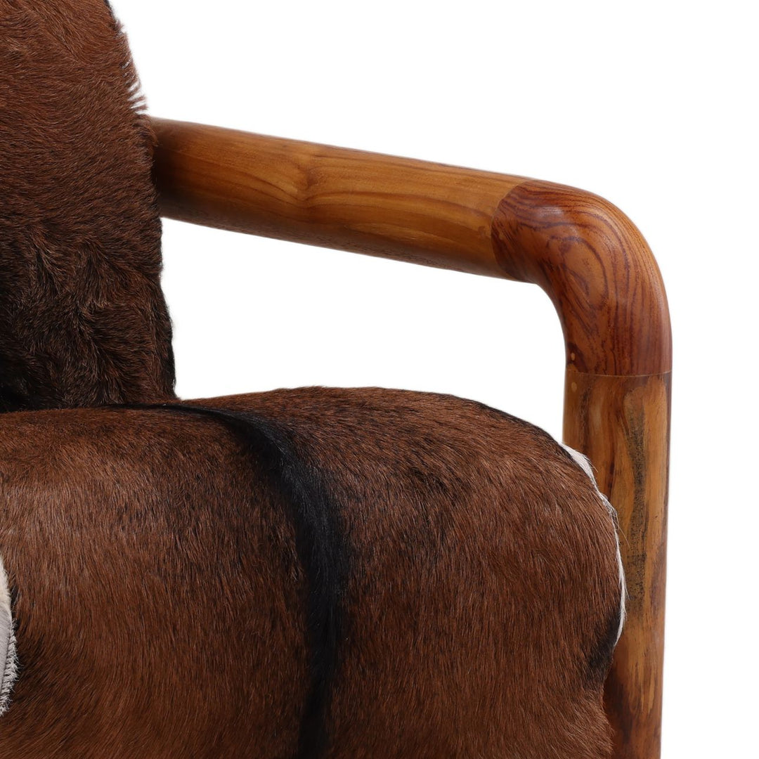 Elenna Hide and Teak Lounge Chair, Brown, detail 2 view