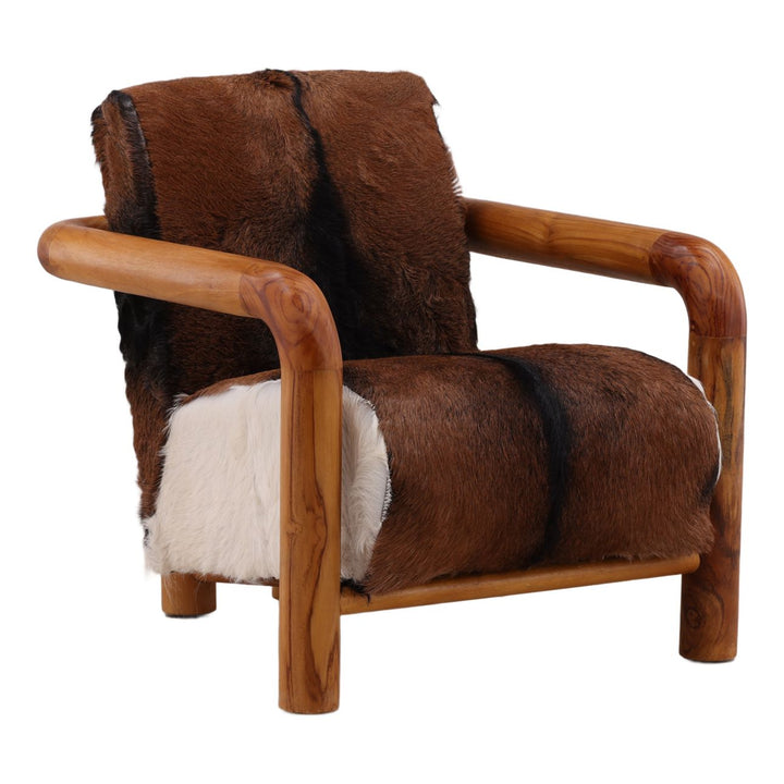 Elenna Hide and Teak Lounge Chair, Brown, three-quarter studio view