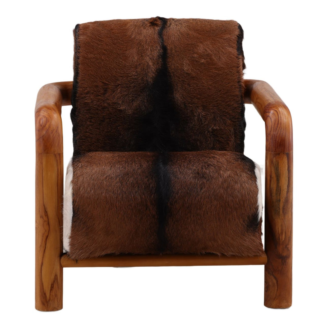 Elenna Hide and Teak Lounge Chair, Brown, front view