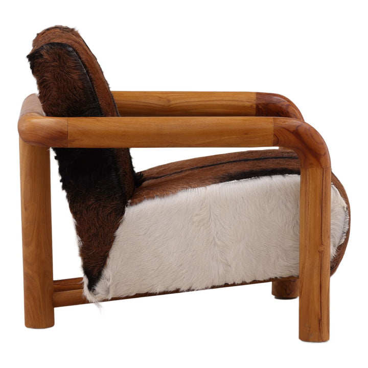 Elenna Hide and Teak Lounge Chair, Brown, profile view