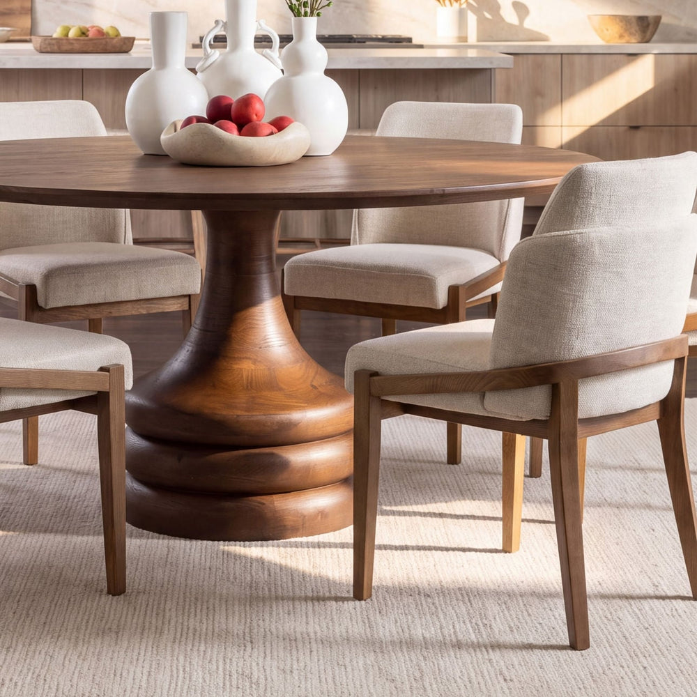 Maya Mango Wood Round Dining Table, 48-inch nominal · Brown, lifestyle view