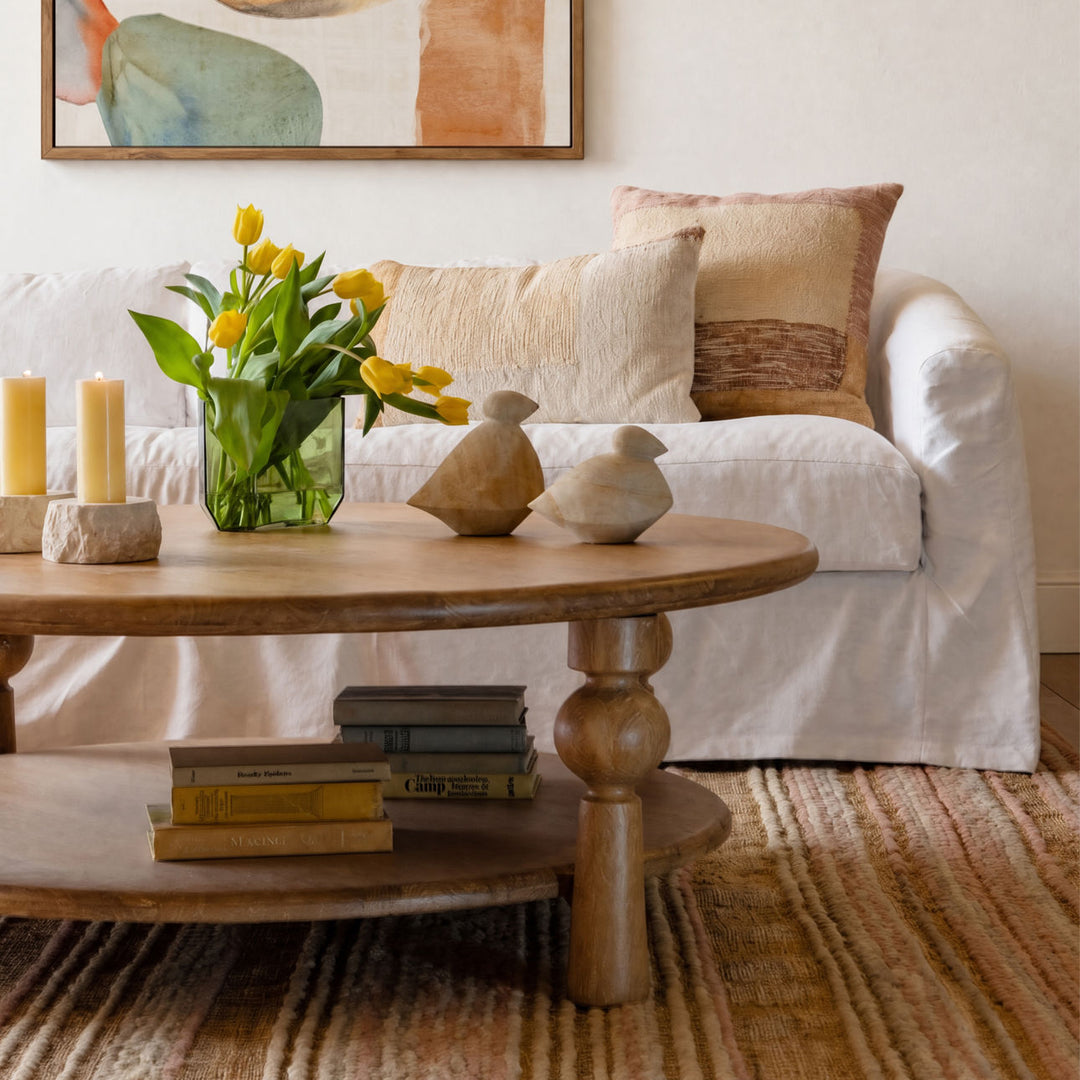 Nathan Mango Wood Coffee Table, Light Natural - 48" × 48", lifestyle view