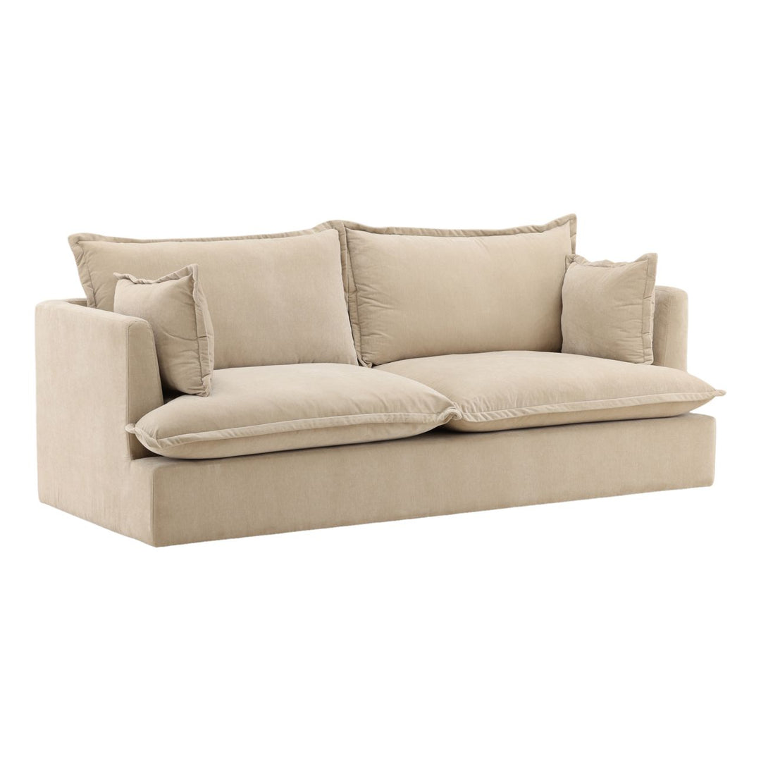 Monren Sand Velvet Sofa, three-quarter studio view