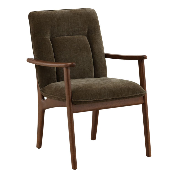 Talisa Velvet Dining Chair, Moss Olive and Brown, three-quarter studio view