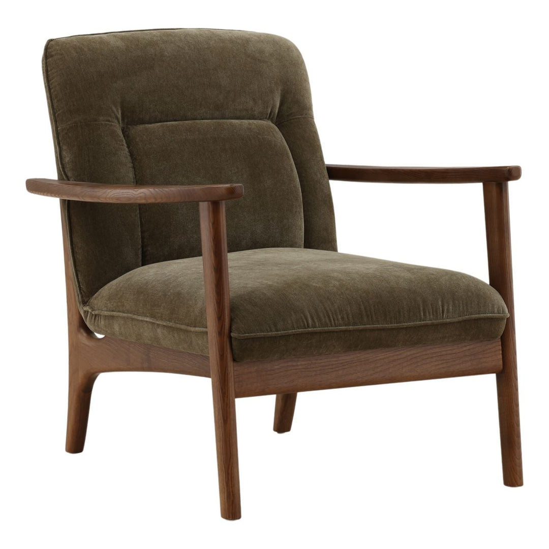 Talina Upholstered Wood Frame Lounge Chair, Olive, three-quarter studio view