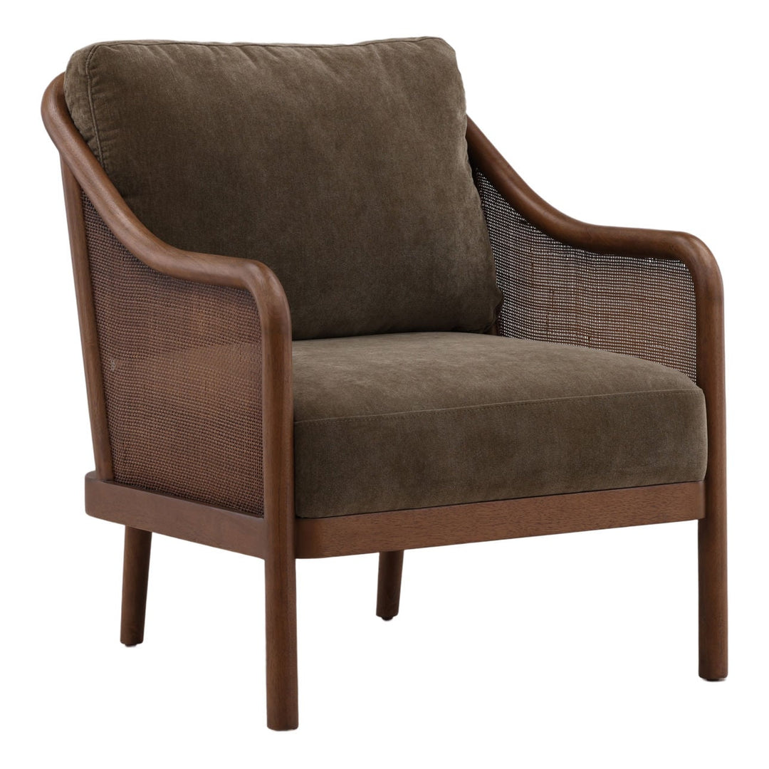 Erinne Upholstered Wood Frame Lounge Chair, Olive, three-quarter studio view