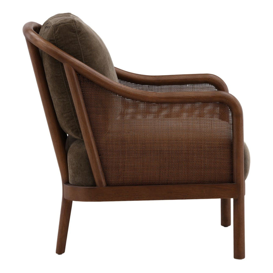 Erinne Upholstered Wood Frame Lounge Chair, Olive, profile view