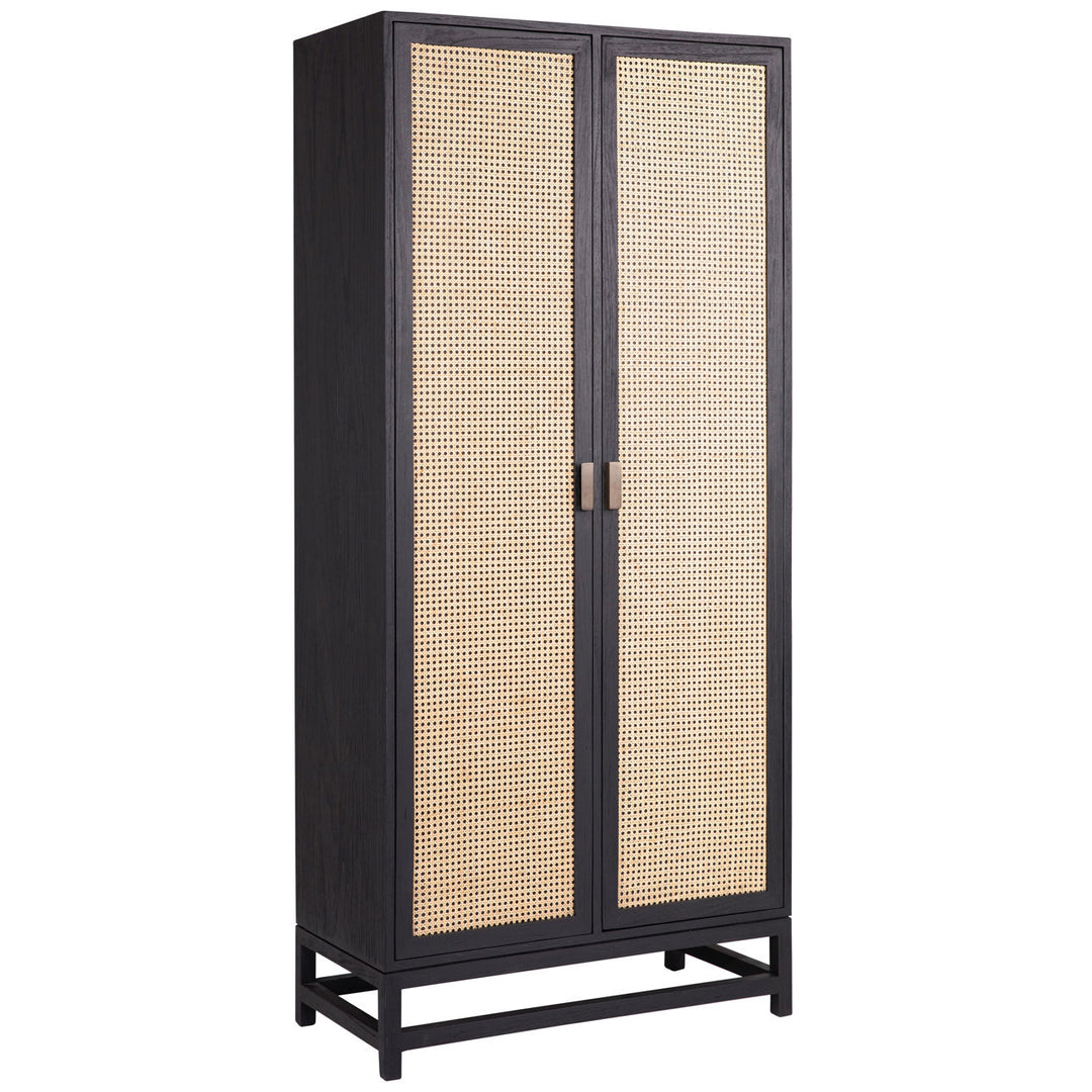 Rowena Textured Door Storage Cabinet, Antique Black · Natural Rattan, three-quarter studio view