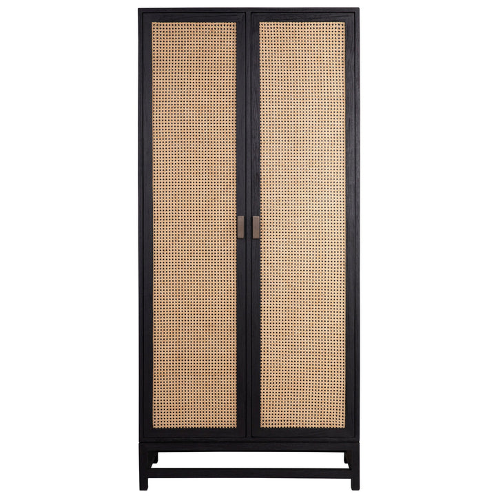 Rowena Textured Door Storage Cabinet, Antique Black · Natural Rattan, front view