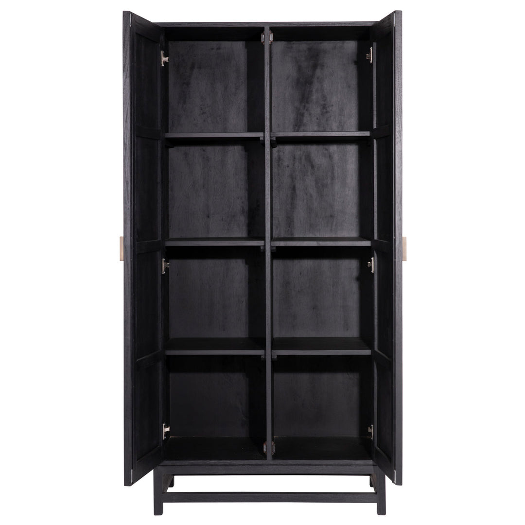 Rowena Textured Door Storage Cabinet, Antique Black · Natural Rattan, open door view
