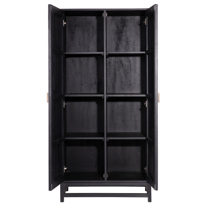 Rowena Textured Door Storage Cabinet, Antique Black · Natural Rattan, open door view
