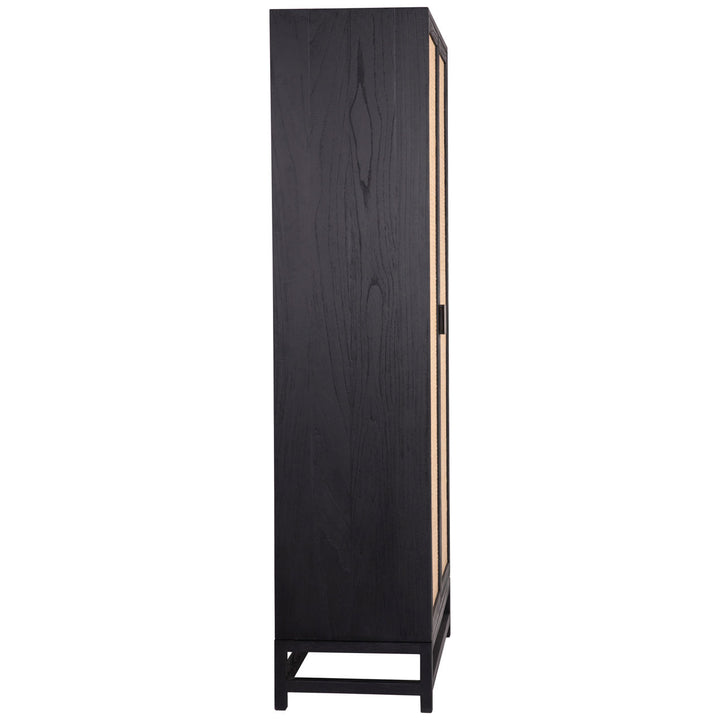 Rowena Textured Door Storage Cabinet, Antique Black · Natural Rattan, profile view