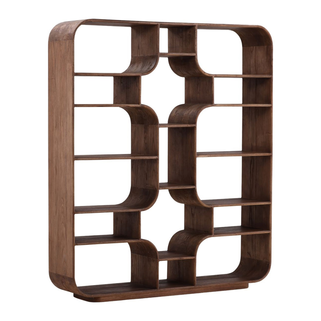 Galen Tall Mindi Wood Bookcase, Brown, three-quarter studio view