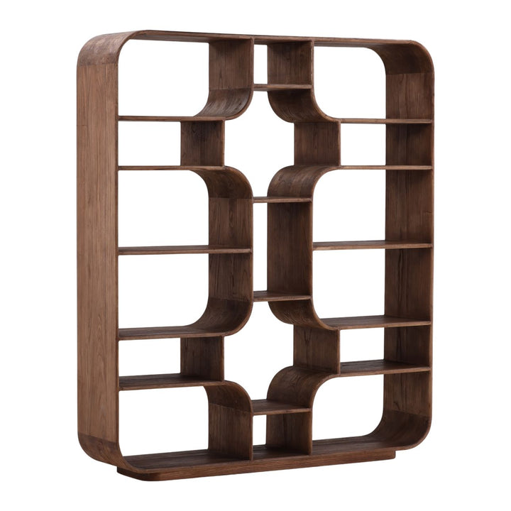 Galen Tall Mindi Wood Bookcase, Brown, three-quarter studio view