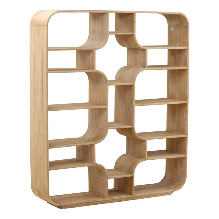 Galen Tall Mindi Wood Bookcase, Light Natural, three-quarter studio view