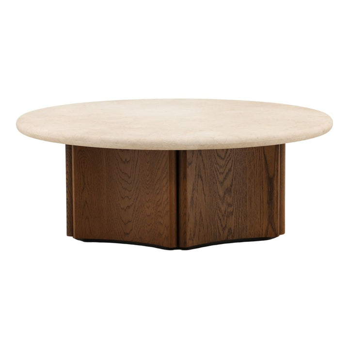 Oren Oak and Marble Coffee Table, Brown, three-quarter studio view