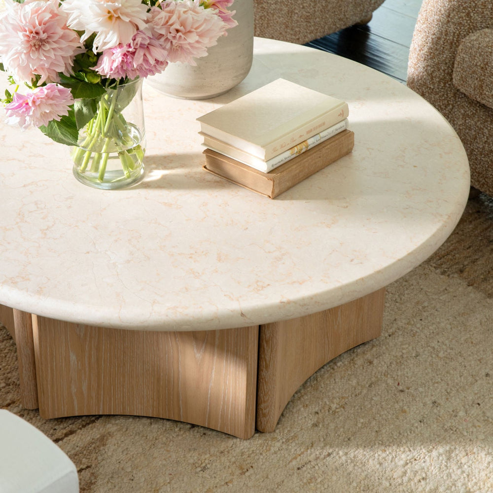 Oren Oak and Marble Coffee Table, Natural Wash, lifestyle view